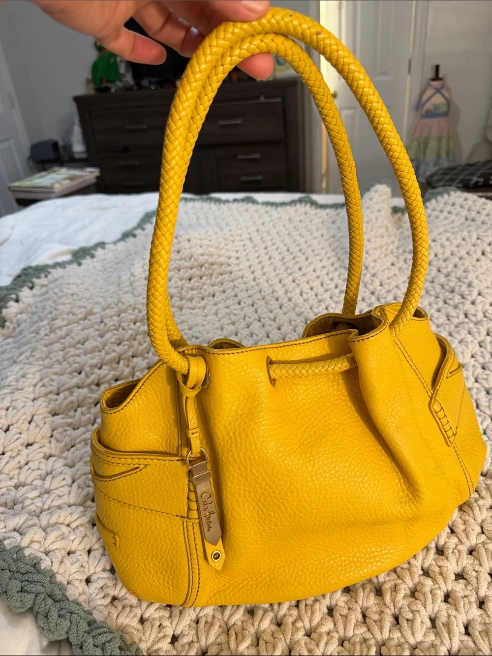 Cole Haan Yellow Pebbled Leather Drawstring Shoulder Bag
